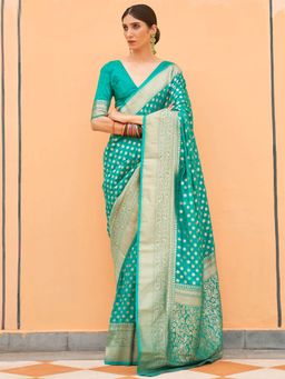 Odette - Women Nylon Sea Green Woven Design Saree with Unstitched Blouse