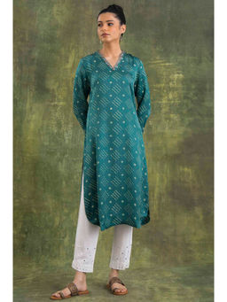 Folksong - Green V-Neck Lustrous Satin Kurta