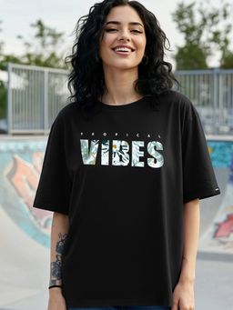 Bewakoof - Women's Black Tropical Vibes Typography Oversized T-shirt