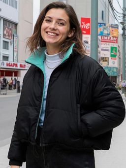 Bewakoof - Women's Black & Sage Reversible Super Loose Fit Puffer Jacket