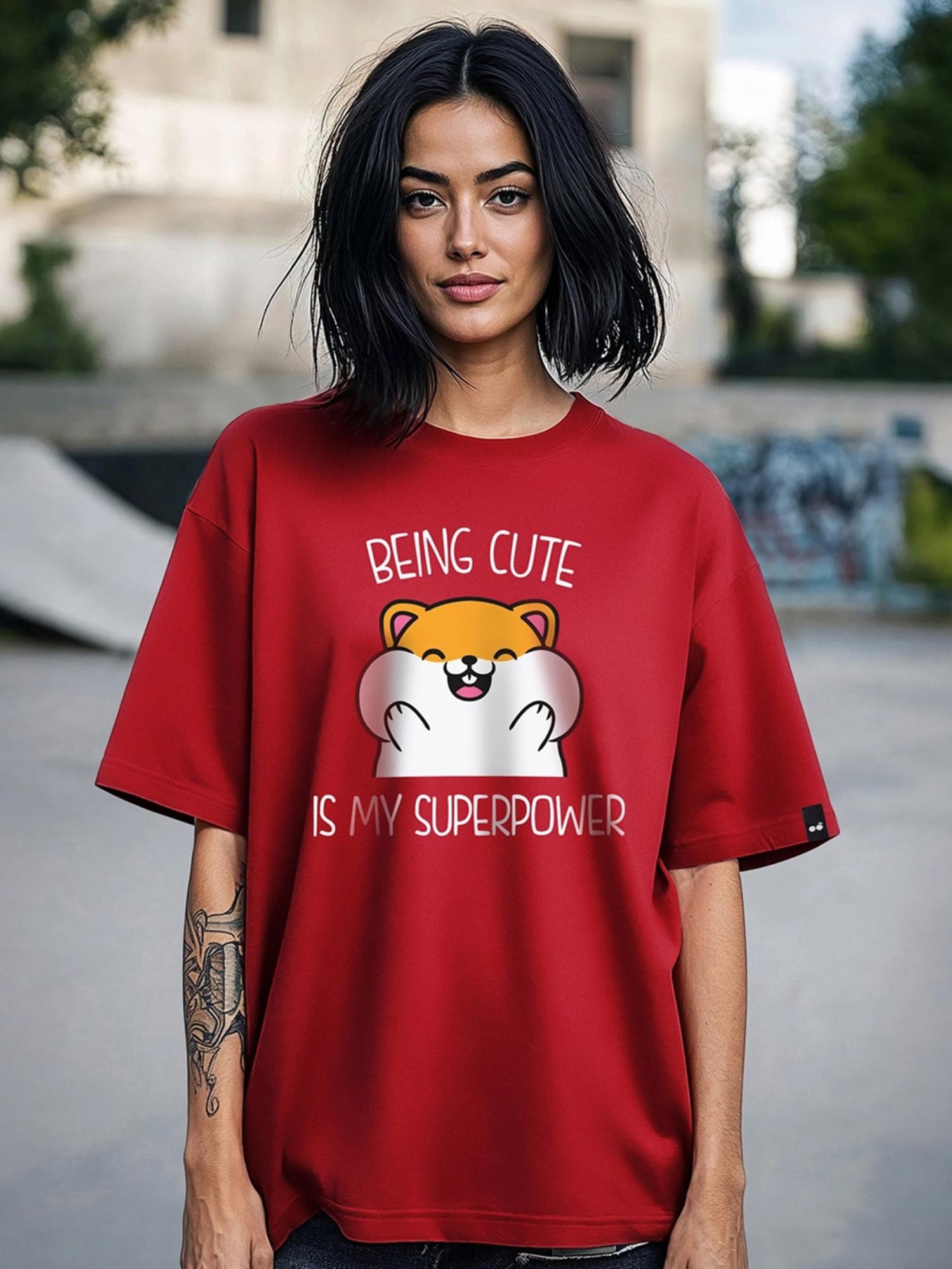 bewakoof Women's Red Being Cute Is My Superpower Graphic Printed Oversized T-shirt-picture-26