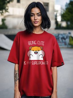 Bewakoof - Women's Red Being Cute Is My Superpower Graphic Printed Oversized T-shirt