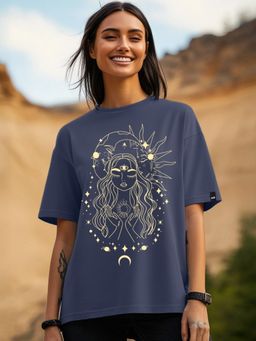 Bewakoof - Women's Blue Stardust Soul Graphic Printed Oversized T-shirt