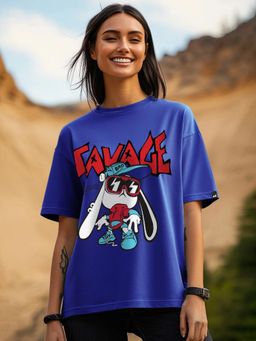 Bewakoof - Women's Blue Being Savage Graphic Printed Oversized T-shirt
