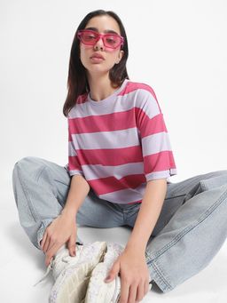 Bewakoof - Women's Off White & Pink Striped Oversized T-shirt