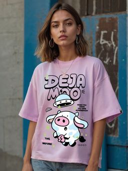 Bewakoof - Women's Purple Deja Moo Graphic Printed Oversized T-shirt