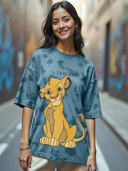 Bewakoof - Official Disney Women's Blue Lion Graphic Printed Oversized T-shirt