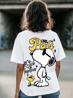 Bewakoof - Official Peanuts Women's White Cool Pals Graphic Printed Oversized T-shirt