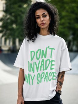Bewakoof - Women's White Don't Invade Graphic Printed Oversized T-shirt