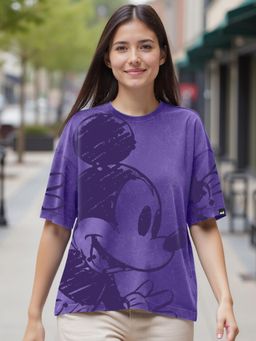 Bewakoof - Official Disney Women's Skipper Blue Mickey Graphic Printed Oversized Acid Wash T-shirt