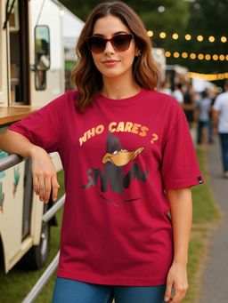 Bewakoof - Official Looney Tunes Women's Salsa Red Who Cares Graphic Printed Oversized T-shirt