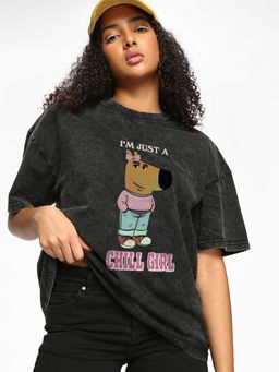 Bewakoof - Women's Black Chill Girl Graphic Printed Oversized Acid Wash T-shirt