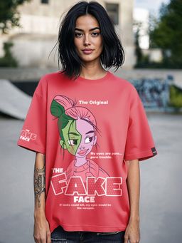 Bewakoof - Women's Coral Pink Fake Face Graphic Printed Oversized T-shirt
