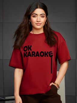 Bewakoof - Women's Bold Red OK Karaoke Typography Oversized T-shirt