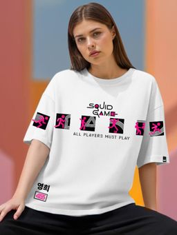 Bewakoof - Official Squid Game Women's White Must Play Graphic Printed Oversized T-shirt