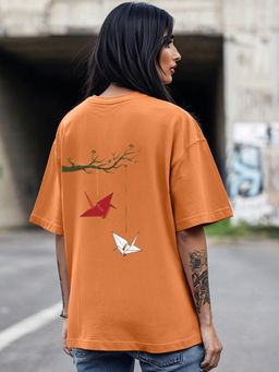 Bewakoof - Women's Caramel Orange Pankh Graphic Printed Oversized T-shirt