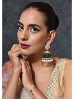 SWABHIMANN - Emerald Chandelier Rose Gold Plated Zirconia Jhumka Earrings