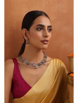 SWABHIMANN - Migdha Multicolour Silver Hasli Necklace Set