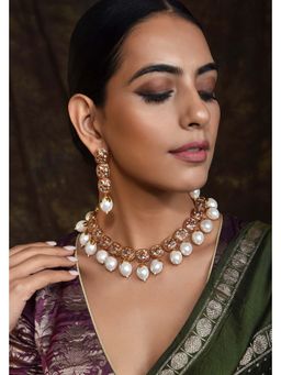 SWABHIMANN - Shifira White Gold Plated Pearl Short Necklace Set