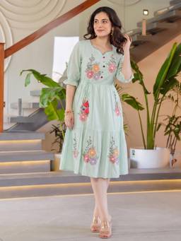 ZUMMER - Women Blue Cotton Dress with Belt