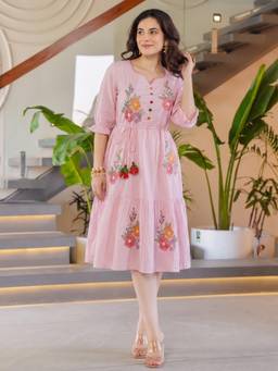 ZUMMER - Women Pink Cotton Dress with Belt