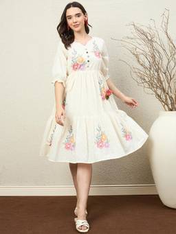ZUMMER - Women Off White Cotton Dress with Belt