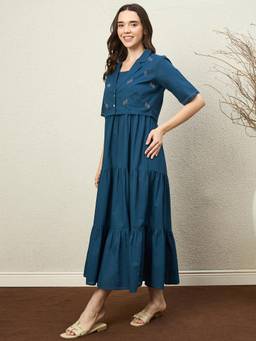 ZUMMER - Women Teal Cotton Dress with Jacket