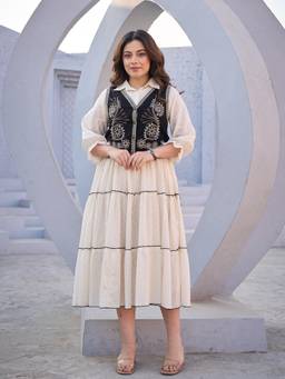 ZUMMER - Women Cream Cotton Dress with Jacket