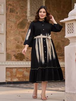 ZUMMER - Women Black Cotton Dress with Belt
