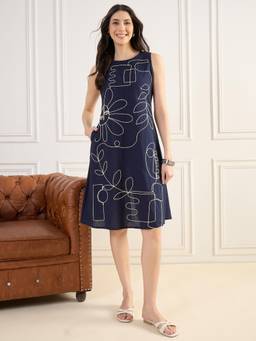 ZUMMER - Women Navy Blue Cotton Dress
