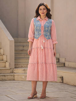 ZUMMER - Women Peach Cotton Dress with Jacket