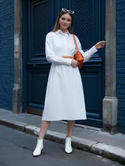 ZUMMER - Women Off White Cotton Dress with Belt
