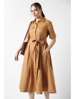 Van Heusen - Women Brown Polyester Blend Dress with Belt