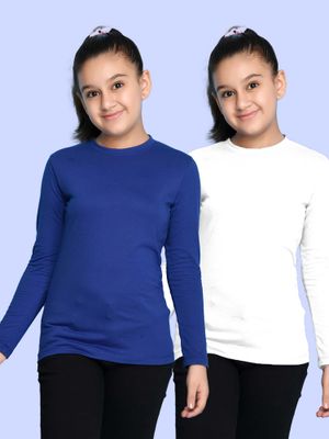 Nusyl White and Royal Blue Solid Full Sleeves T-Shirt (Pack Of 2)