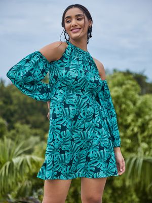 AAREIN Green Full Sleeves High Neck Printed A-Line Casual Dress