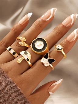 Yellow Chimes - Set of 6 Gold-Plated Black Design Detailed Finger Ring (7)