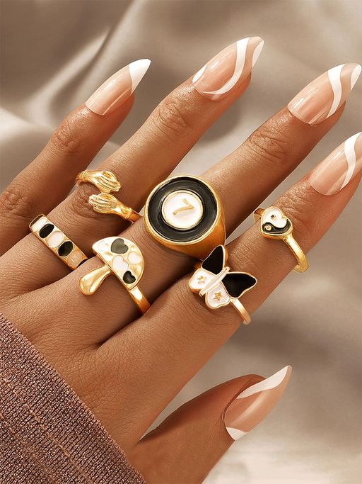Yellow Chimes Set of 6 Gold-Plated Black Design Detailed Finger Ring (7)