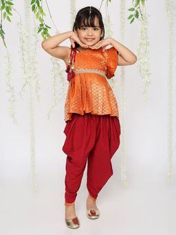 KID1 - Eva Peplum Orange Top with Red Dhoti (Set of 2)