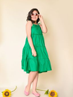 Lilpicks - Solid Tie Up Shoulder Straps Sleeveless Fit n Flare Green Dress