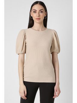 Van Heusen - Women Beige Solid Casual Round Neck Top