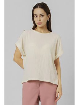 Van Heusen - Women Cream Textured Casual Boat Neck Top