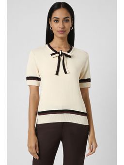 Van Heusen - Women Cream Solid Formal Round Neck Top