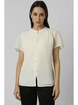 Van Heusen - Women Cream Textured Casual Mandarin Neck Top