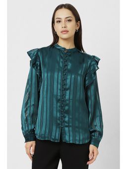 Van Heusen - Women Teal Stripe Casual Mandarin Neck Top