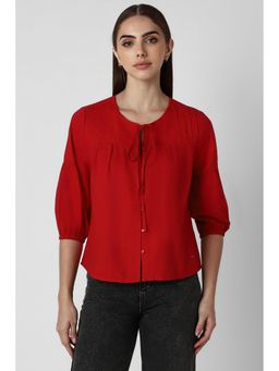 Van Heusen - Women Red Solid Casual Round Neck Top