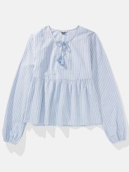American Eagle - Women Blue Tie-Front Long-Sleeve Peasant Top