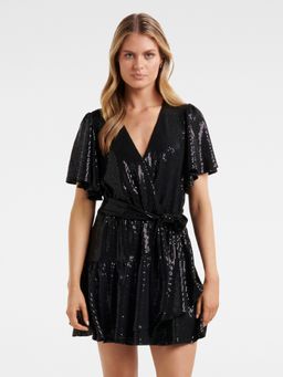 Forever New - Black Amina Metallic Wrap Mini Dress with Belt