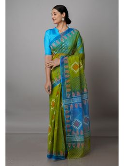 Unnati Silks - Green Pure Block Printed Kota Cotton Saree with Unstitched Blouse