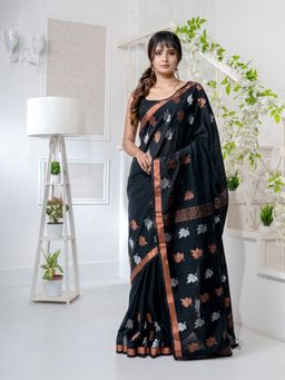 CHARUKRITI - Black Linen Handwoven Soft Saree with Zari Border with Unstitched Blouse