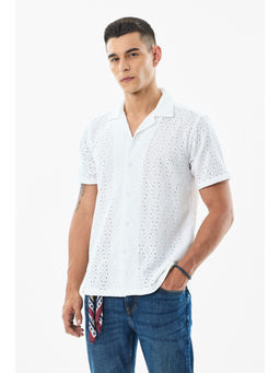 Snitch - White Embroidery Half Sleeves Boxy Casual Shirt